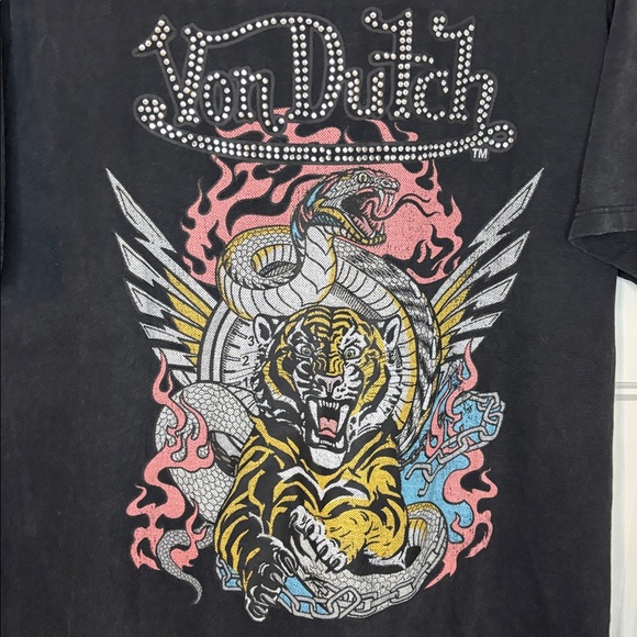 Von Dutch Tiger & Snake Sequined Distressed Black T-shirt - Picture 2 of 5